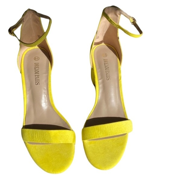 Neon Yellow Open Toe Ankle Strap Low Block Chunky Heels - Size 9.5 by DREAMPAIR‎ - Picture 2 of 6